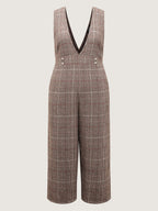 Plaid Button Detail V-Neck Jumpsuit