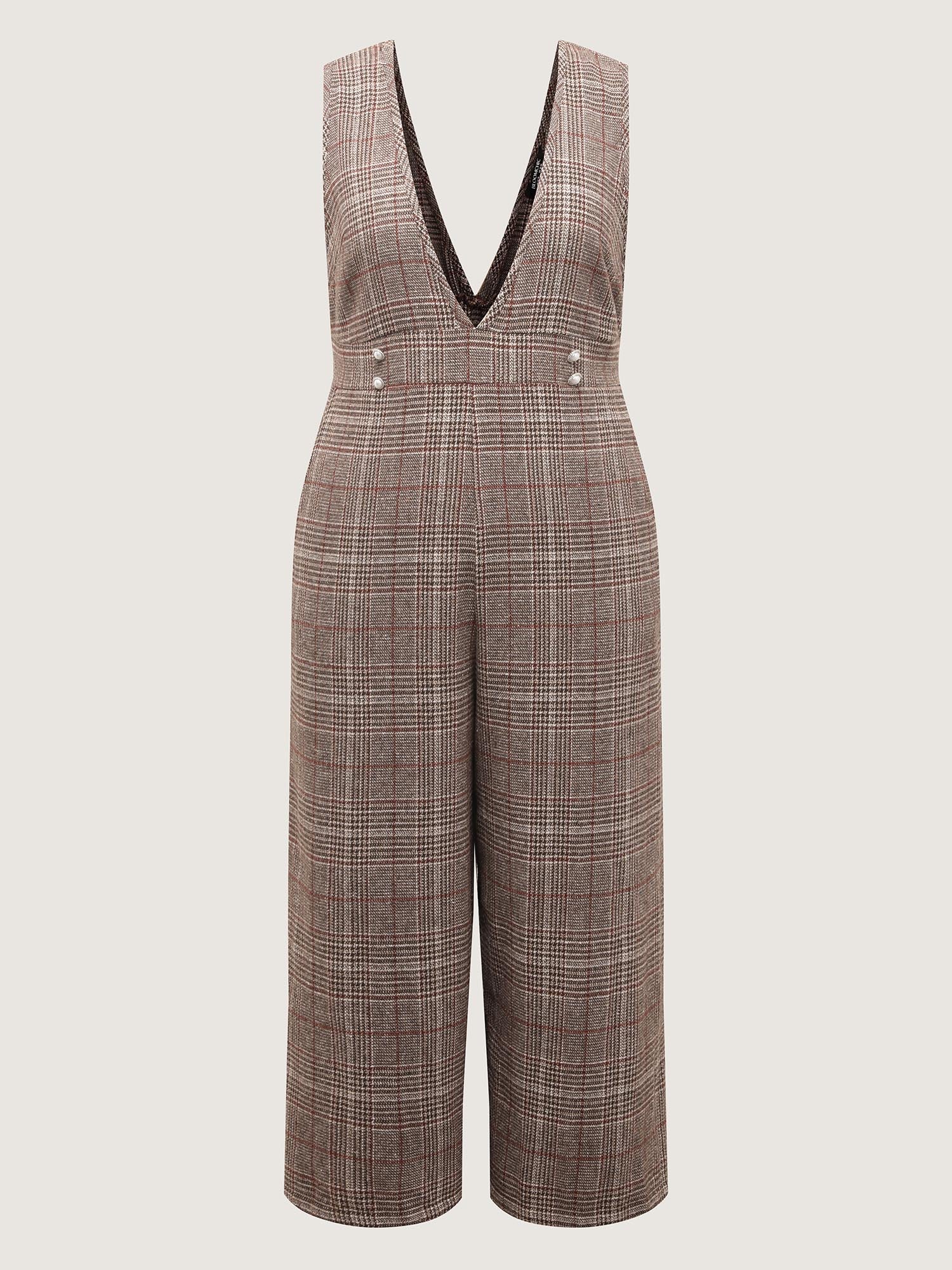 Plaid Button Detail V-Neck Jumpsuit