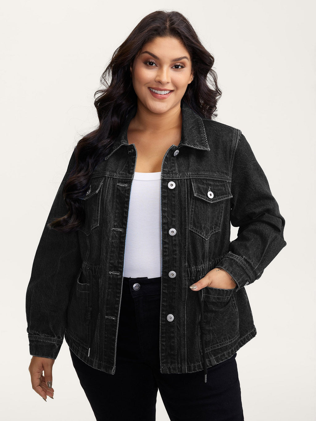 Supersoft Stretchy Waist Button-Down Denim Jacket