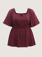 Stretchy Neckline Waist-Cinched Solid Blouse