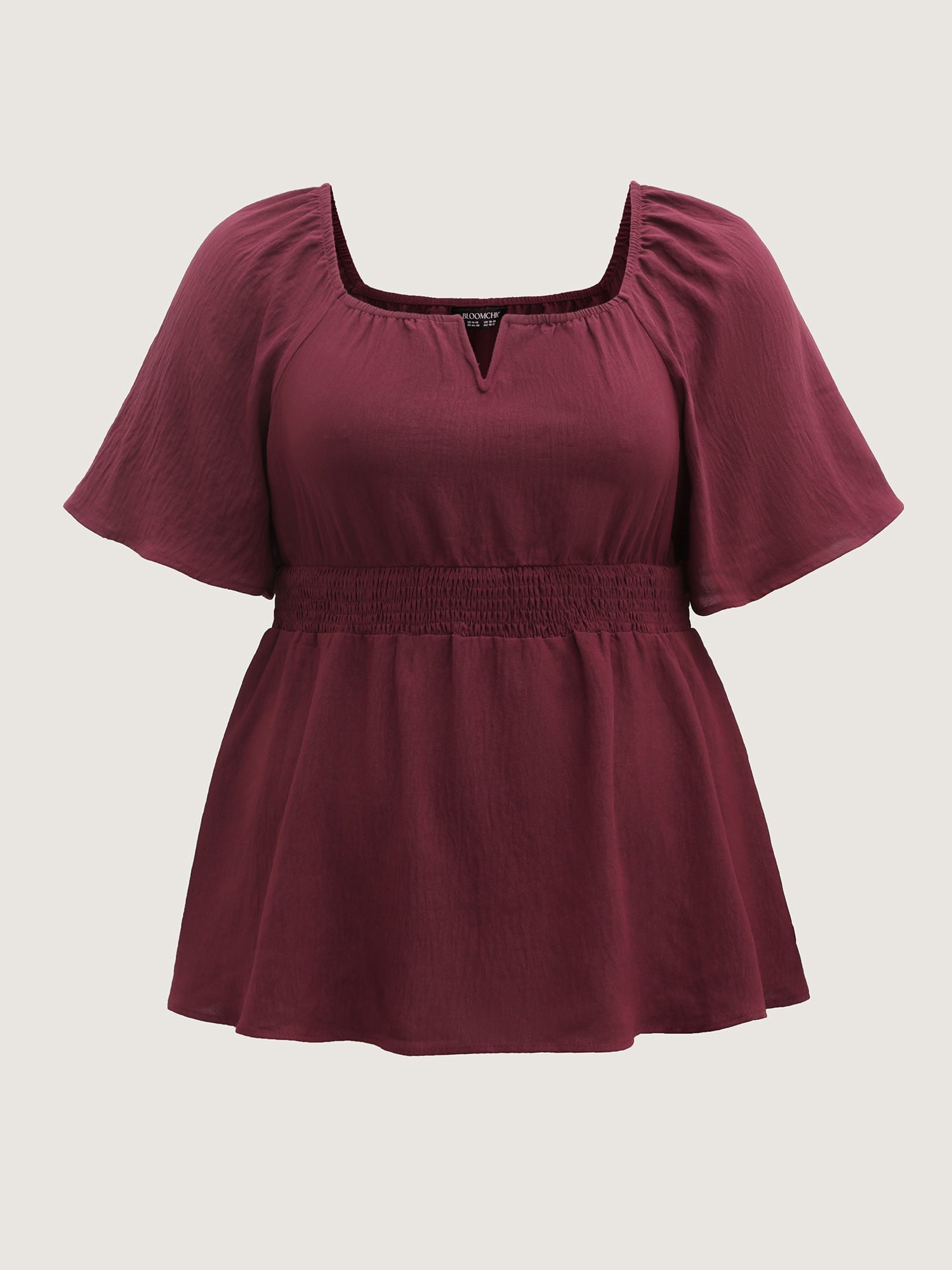 Stretchy Neckline Waist-Cinched Solid Blouse