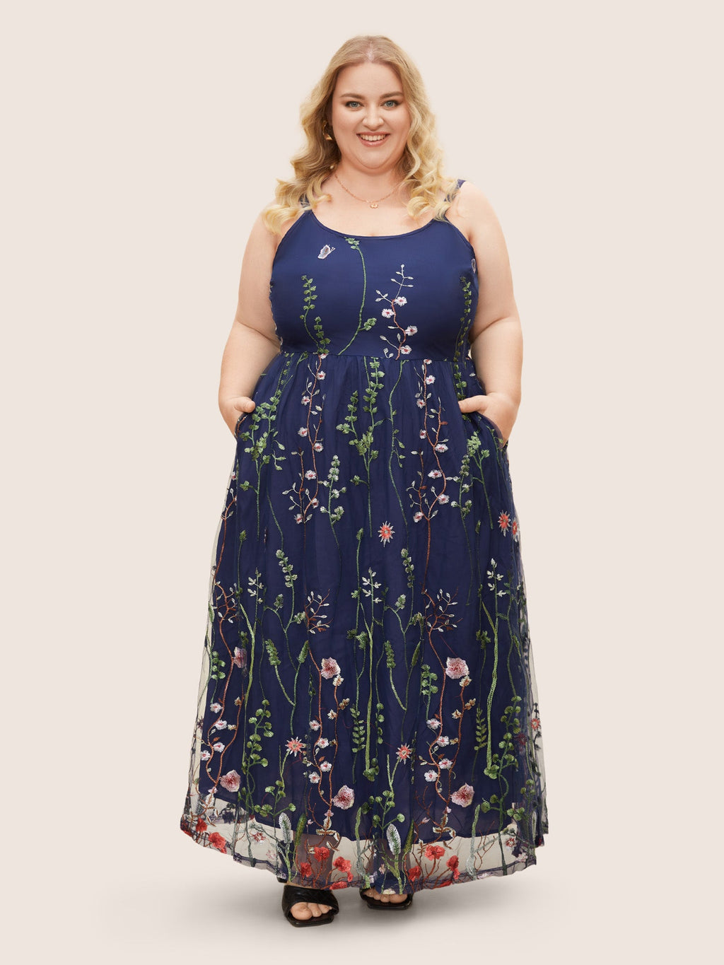 U Neck Floral Embroidered Mesh Cami Dress