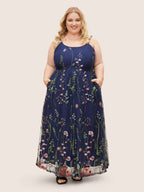 U Neck Floral Embroidered Mesh Cami Dress