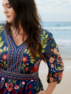 Boho Print V-Neck Pockets Midi Dress