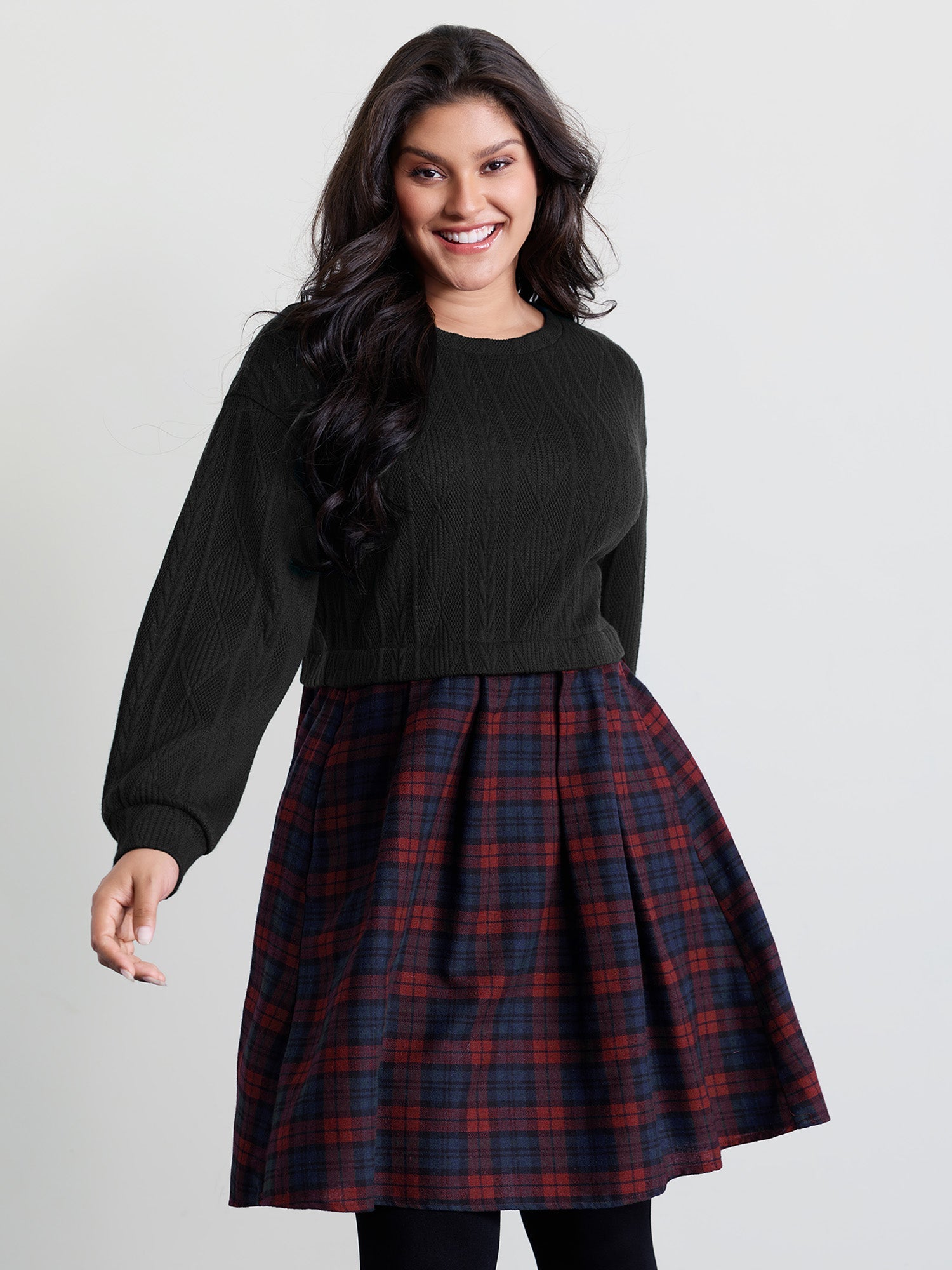 Layered Plaid Pockets Midi Dress