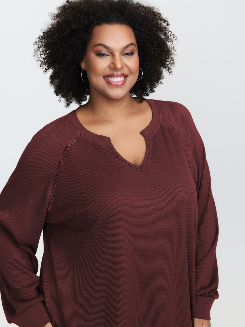 Waffle Grid Notched Collar Lace Sweatshirt