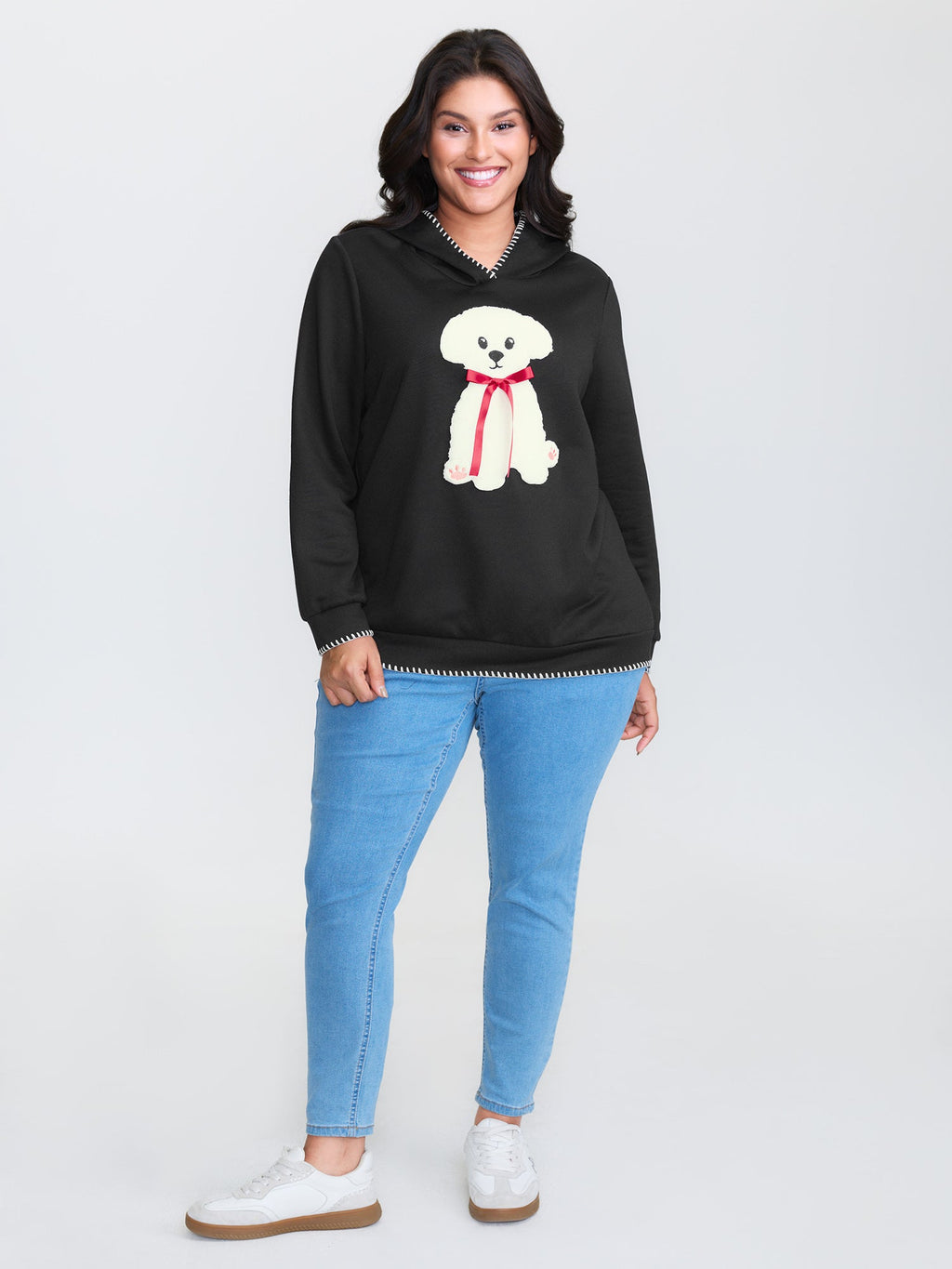 Puppy Embroidered Stretchy Contrast Hoodie