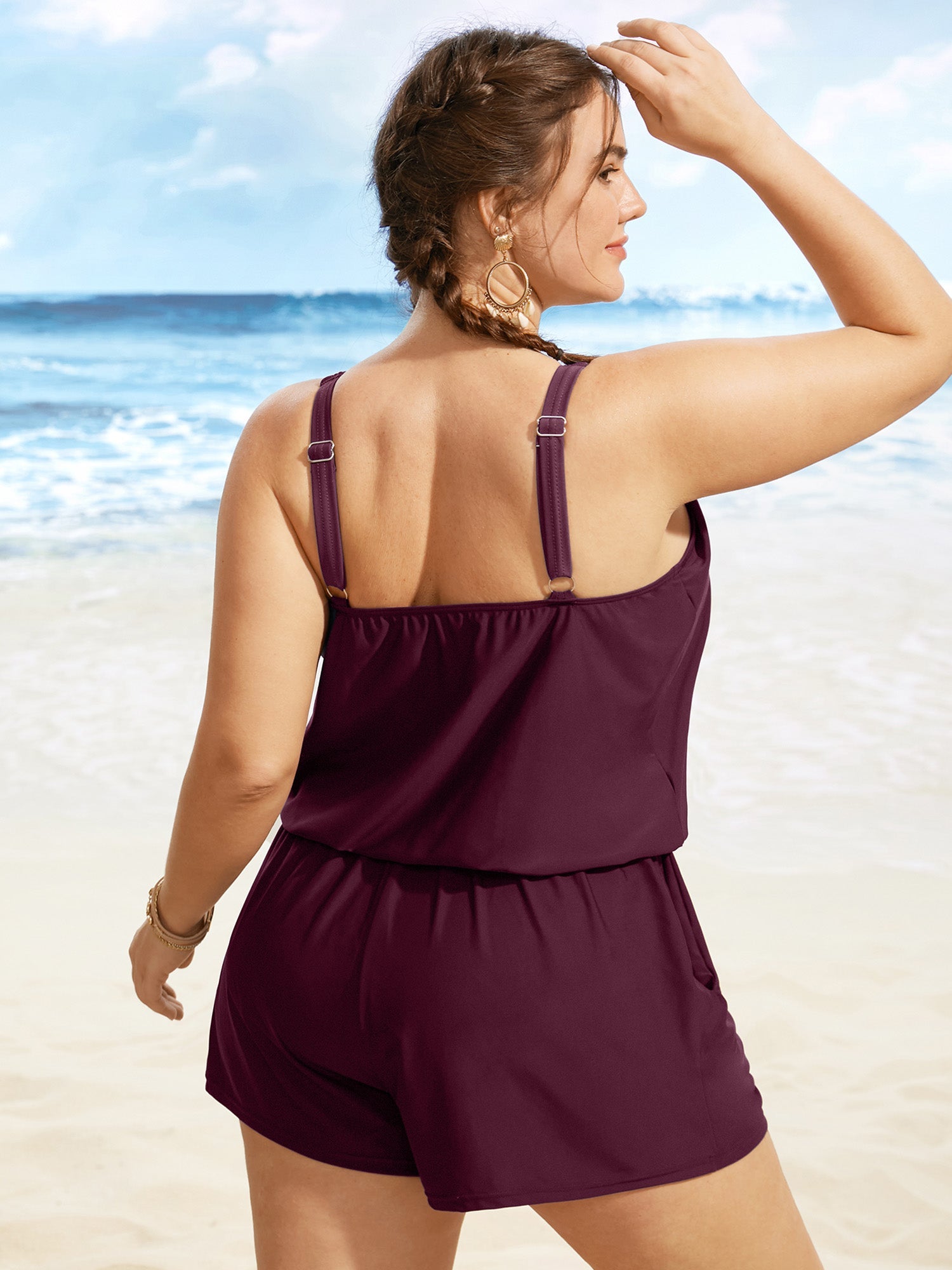 Solid Keyhole Elastic Waist Gathered One Piece Swimsuit