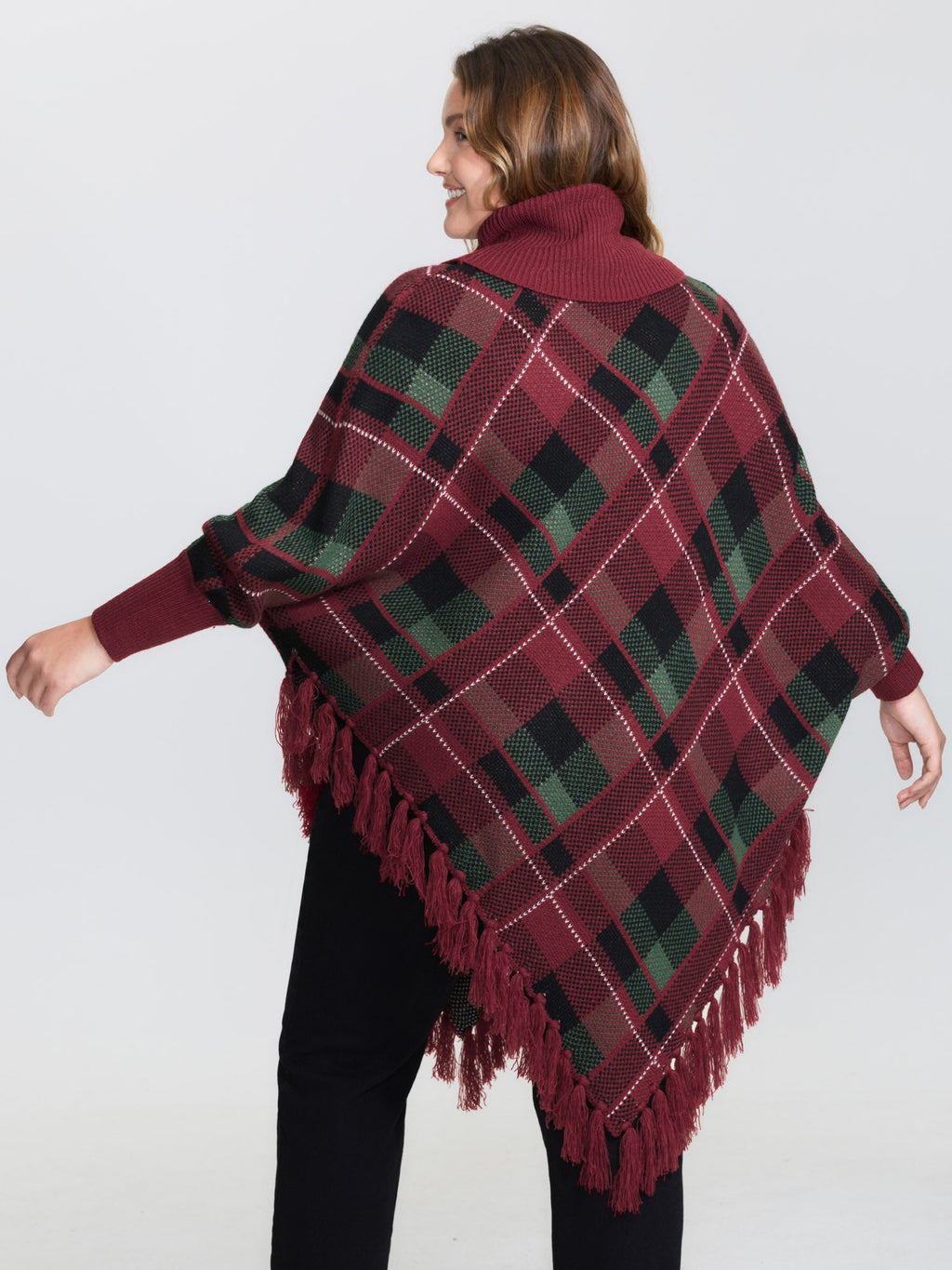 Holiday Plaid Turtleneck Fringe Hem Pullover