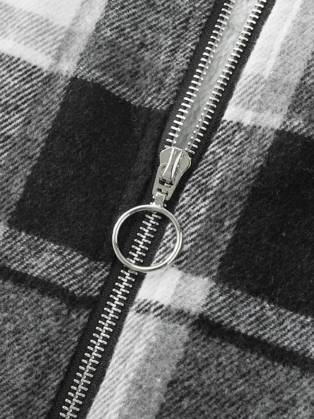 Checkered Pattern Lined Faux Fur Zipper Hoodie