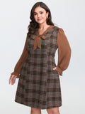 Vintage Check Tweed Ribbon Collar Midi Dress