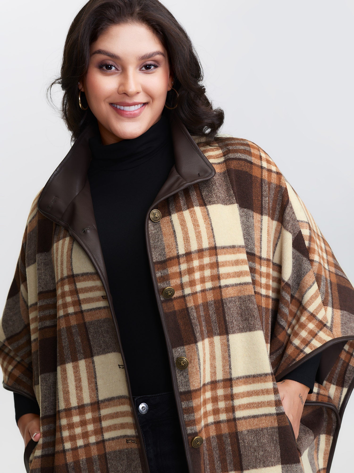 Plaid Print Collar Pockets Coat