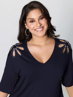 Cut-Out Shoulder Beads T-Shirt