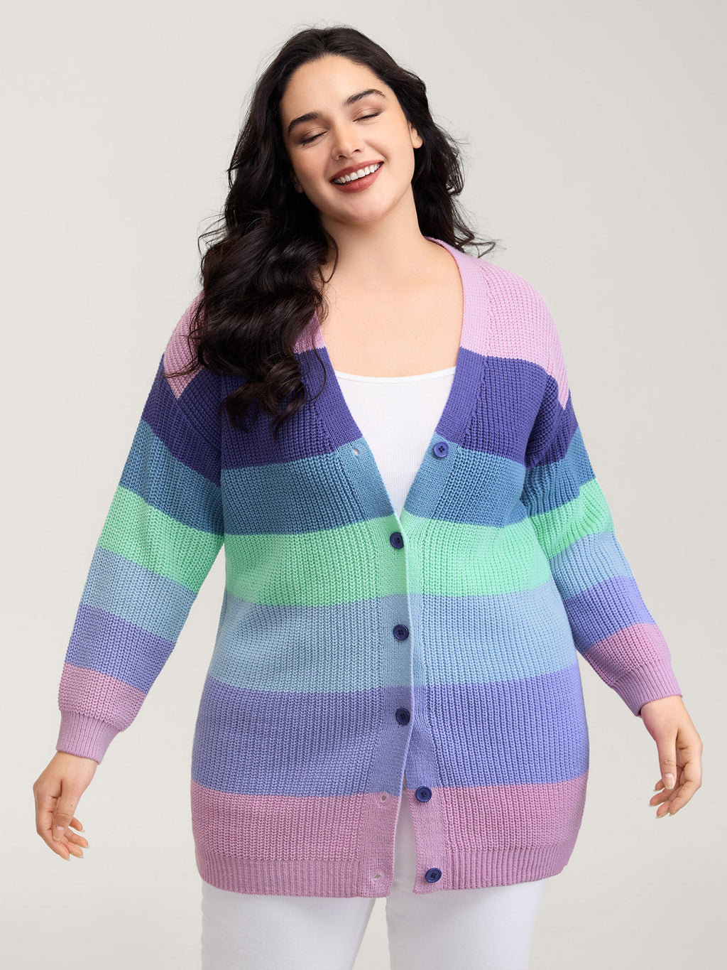 Colorblock Contrast Texture Button Cardigan