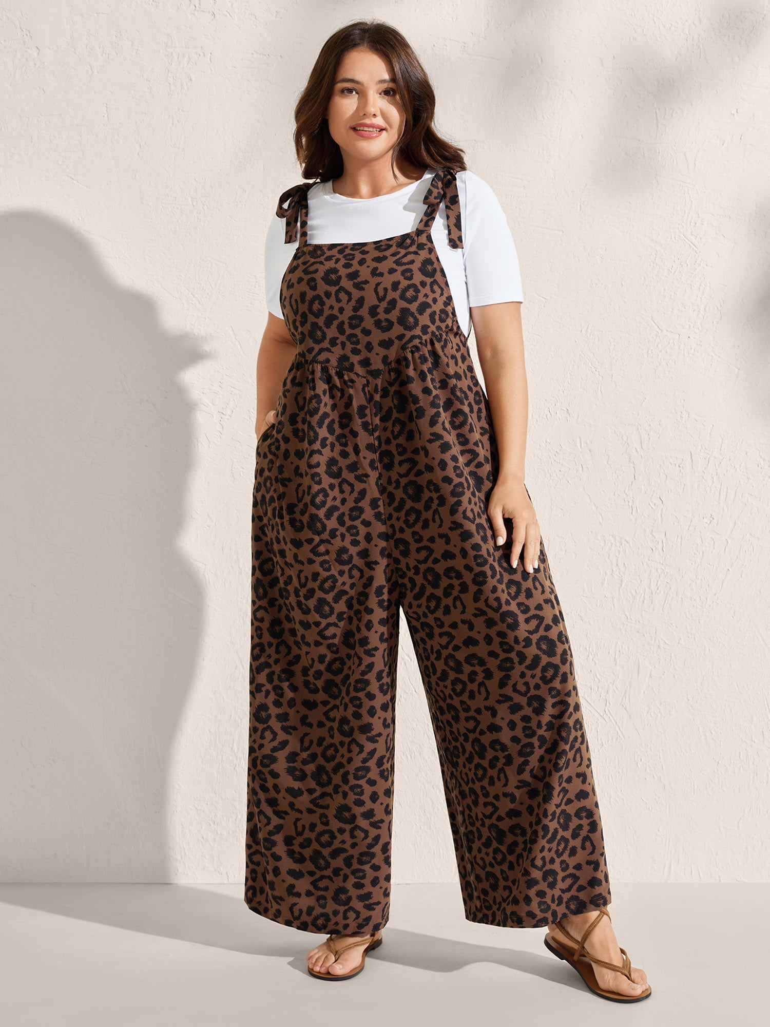 Leopard Print Shirred Shoulder Ties Jumpsuit