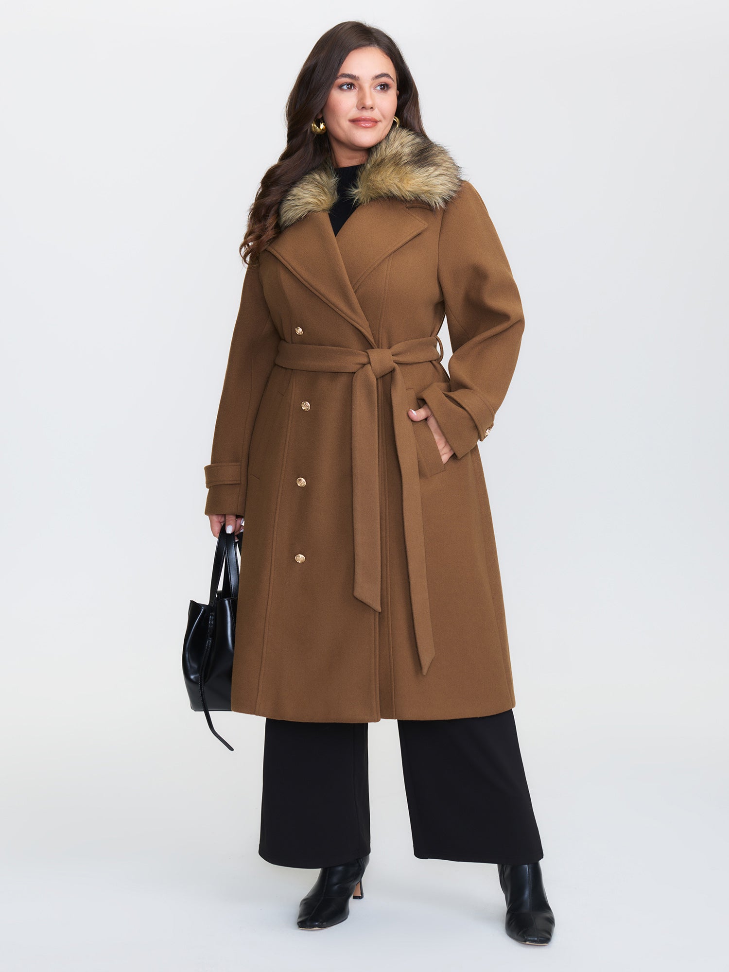 Detachable Fur Belted Cinched-Waist Coat