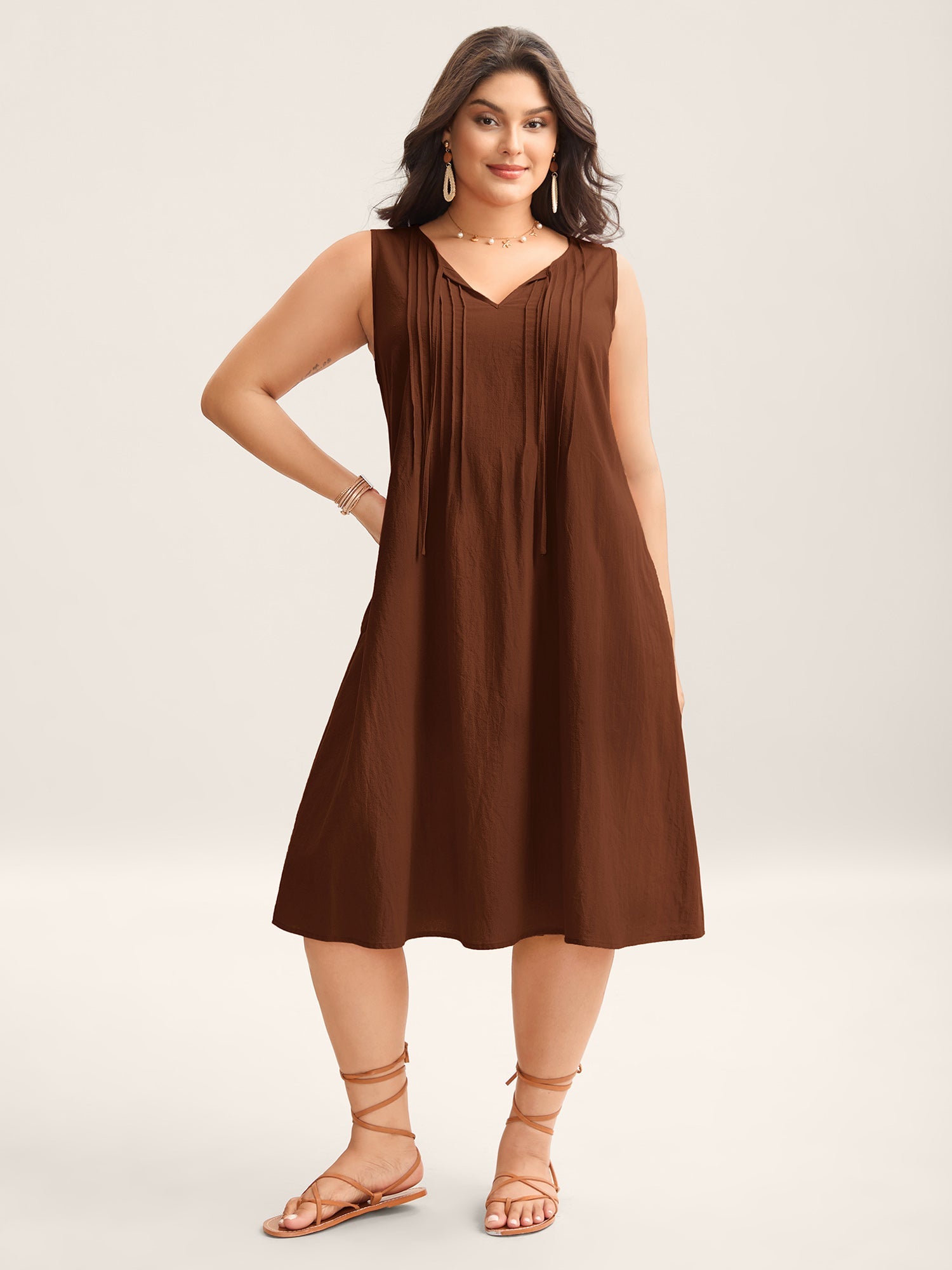 Cotton Toothpick Pleat Plain Midi Dress