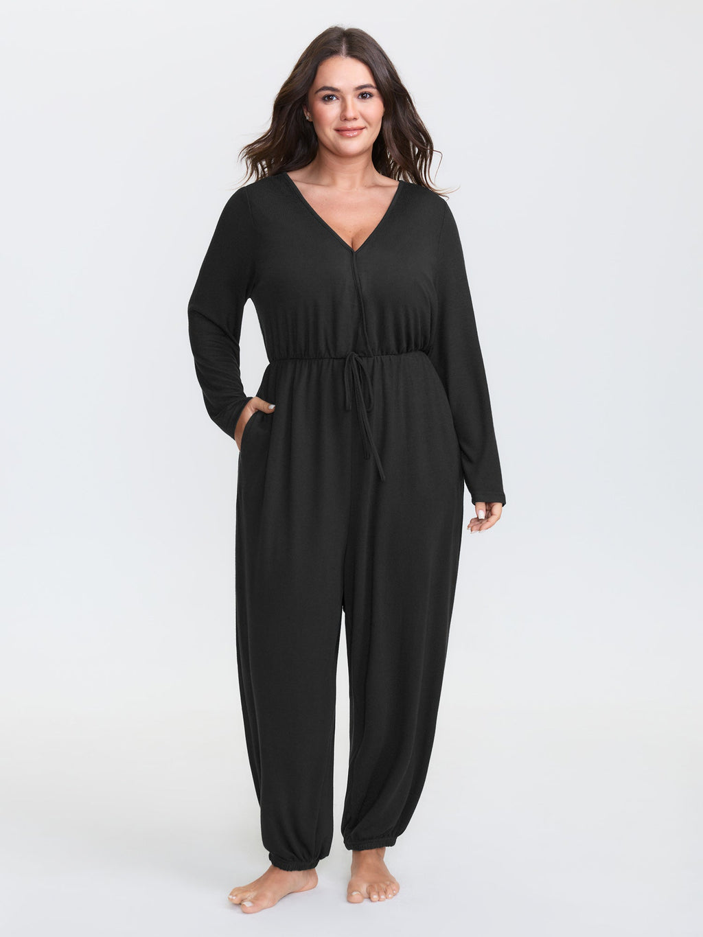 Elastic Waist Overlap Collar Lounge Jumpsuit
