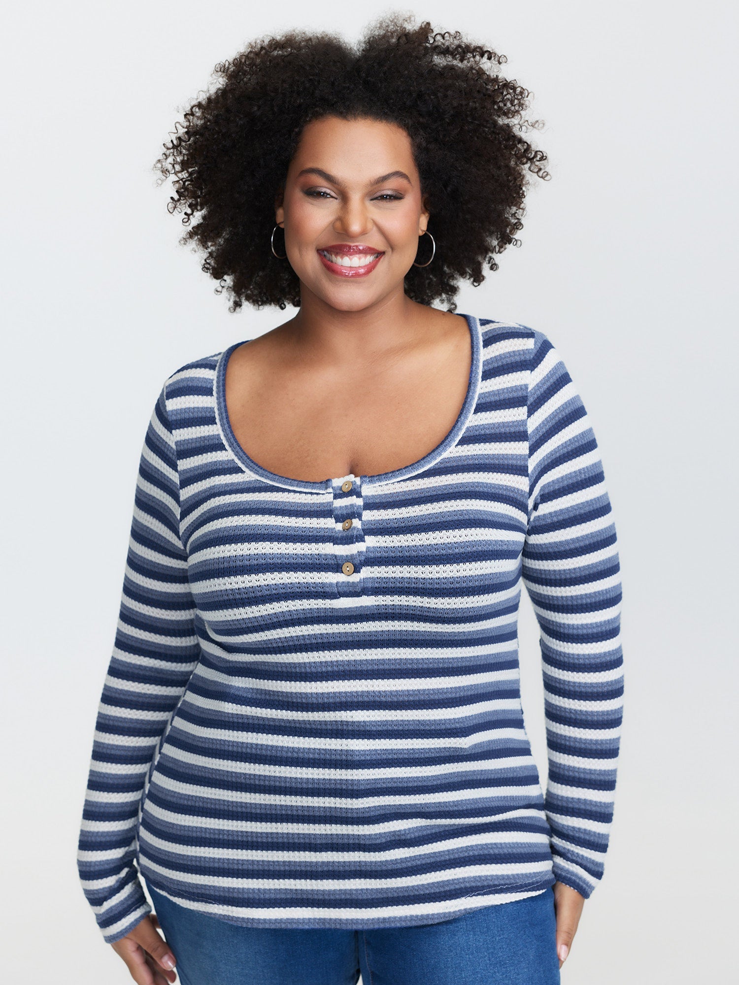 Striped Button Placket Fitted T-Shirt