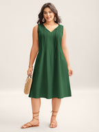 Cotton Toothpick Pleat Plain Midi Dress