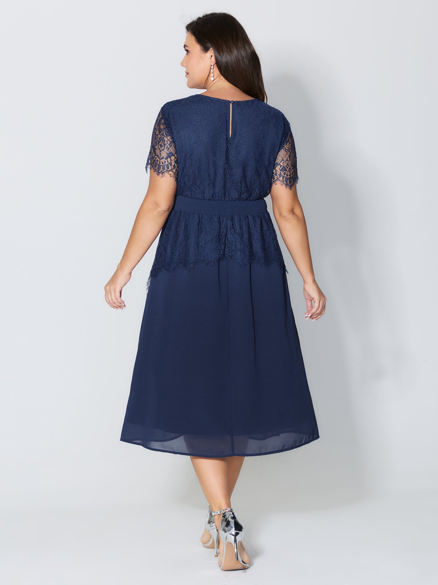 Sheer Lace Neckline Layered Pockets Midi Dress