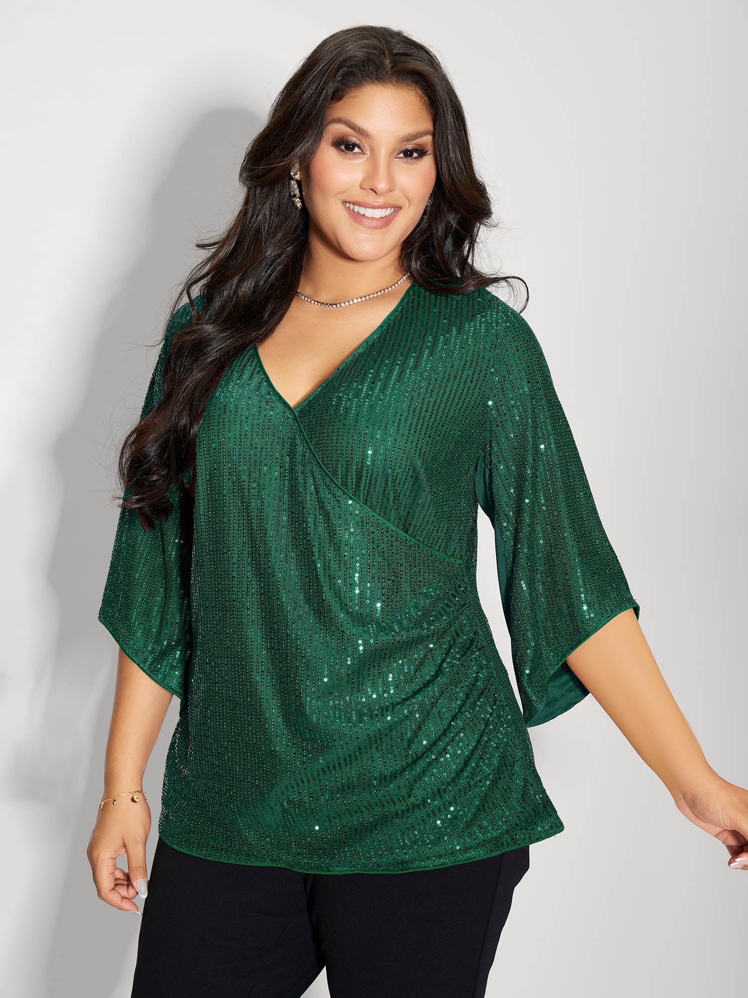 Shimmery Sequin Gathered Flared Sleeve Blouse