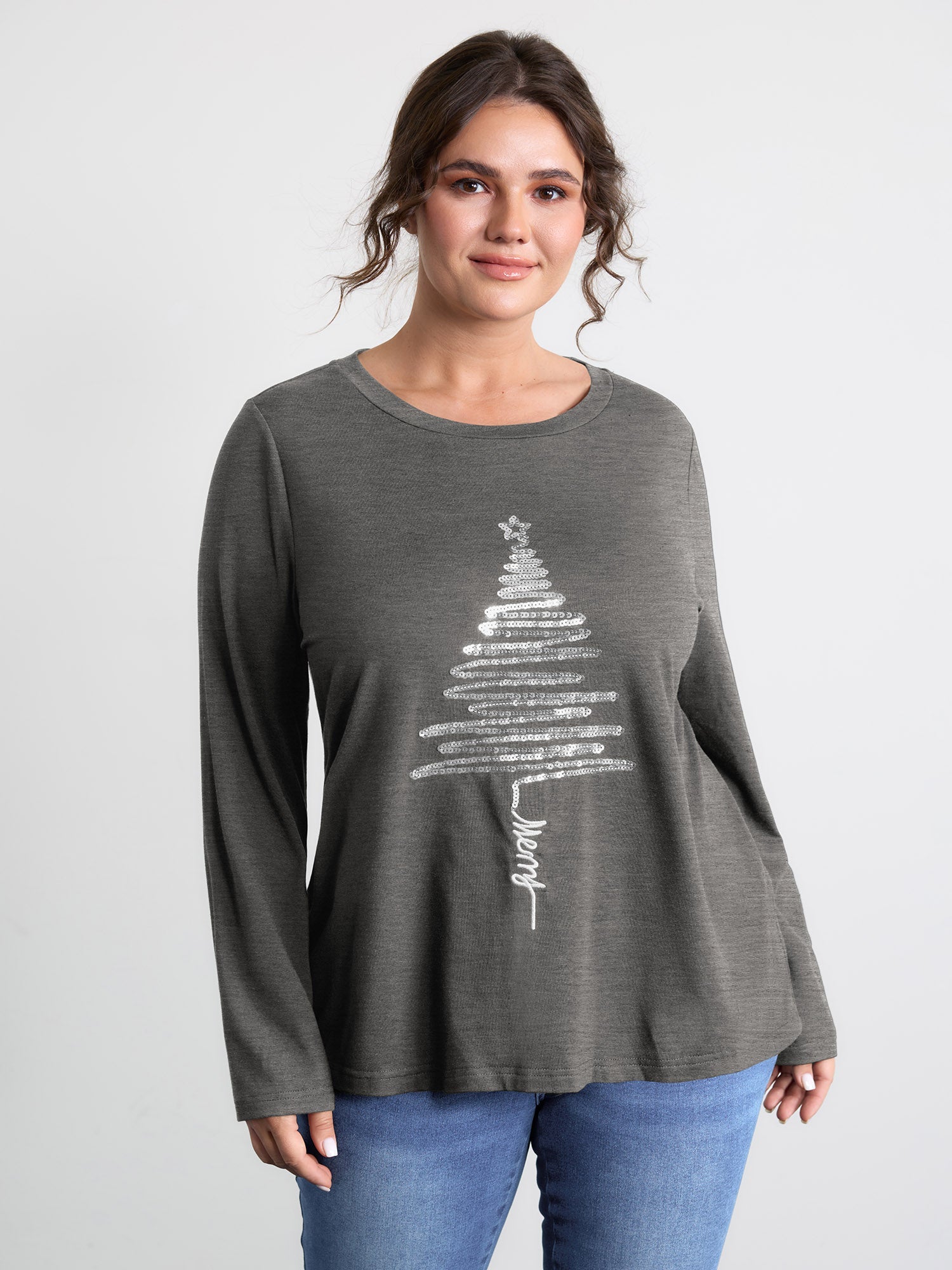 Sequin Cord Embroidered Tree Round Neck T-Shirt