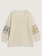 Crochet Floral Sleeve Lace Trim Pullover