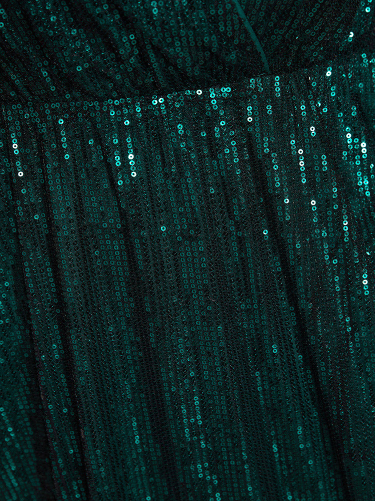 Solid Pocket Lantern Sleeve Wrap Sequin Dress