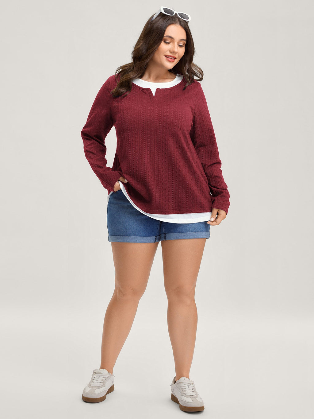 Textured Spliced Round Neck Solid T-Shirt