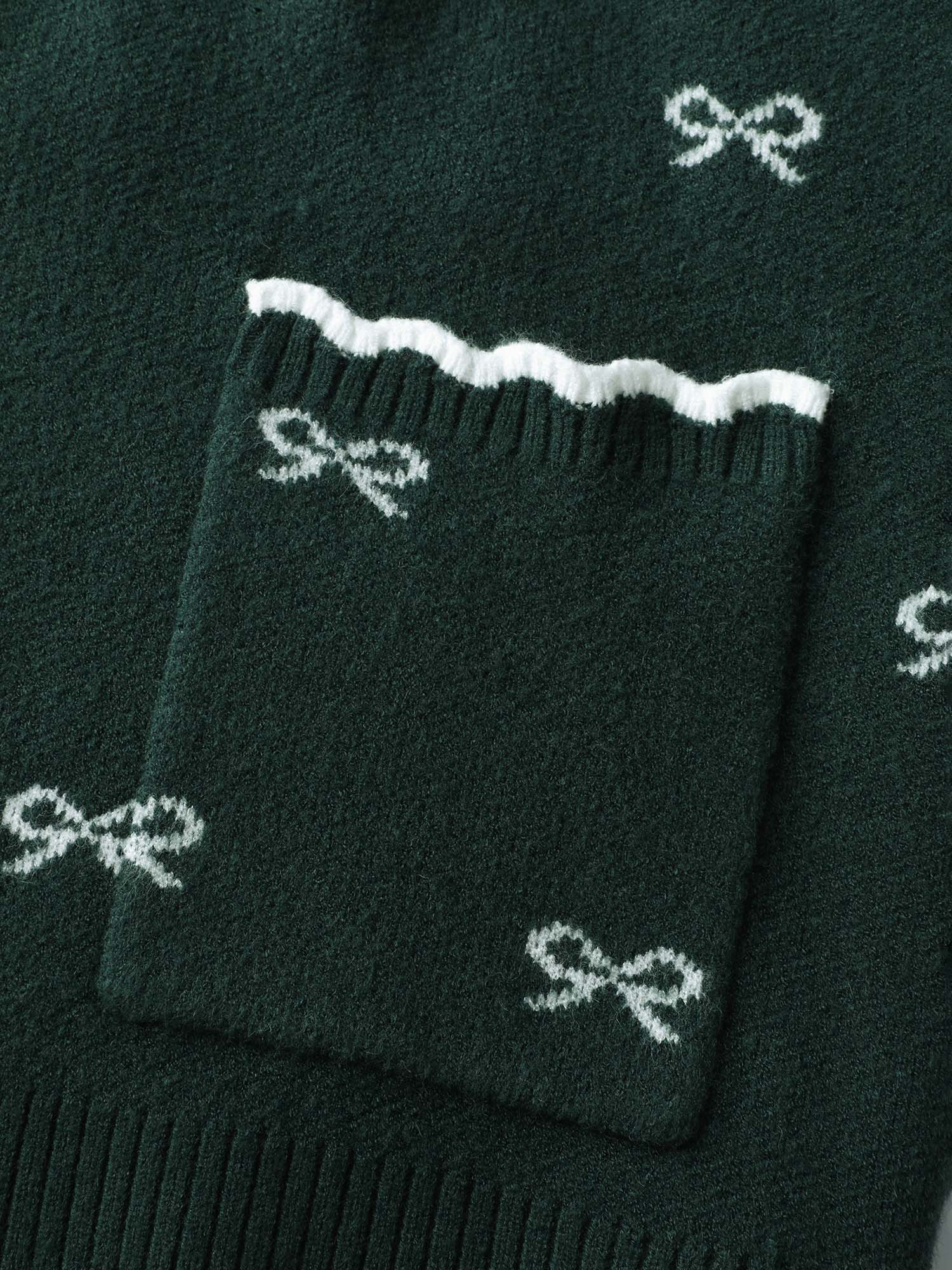 Bowknot Jacquard Wavy Edge Knit Cardigan