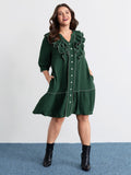 Ruffled Neck Tiered Button Knee-Length Dress
