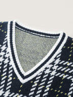Checkered Pattern Jacquard V-Neck Pullover
