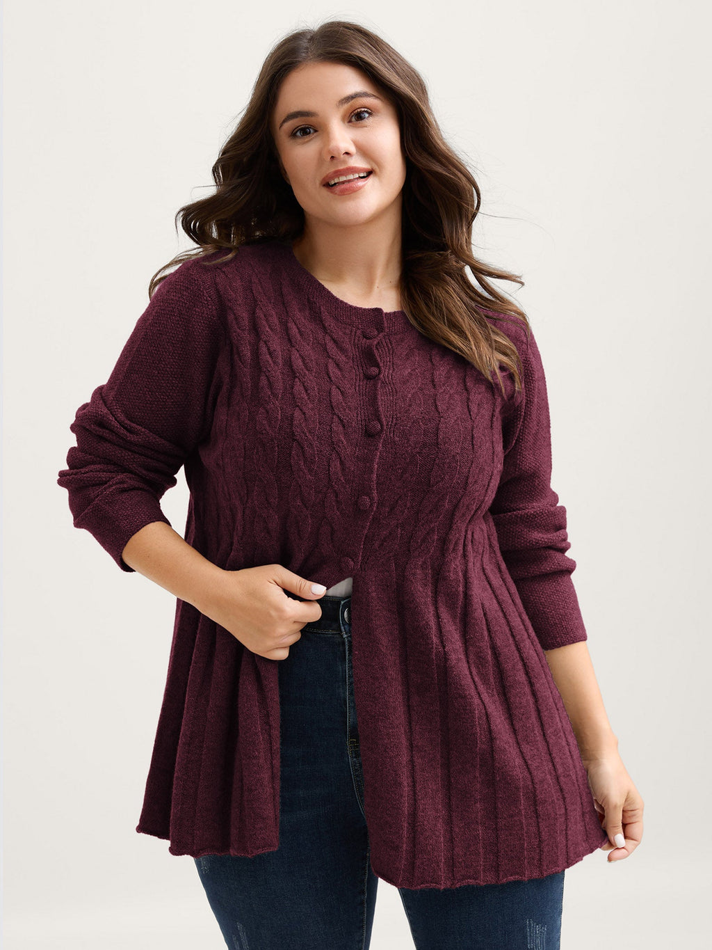 Cable Knit Round Neck Button Knit Cardigan