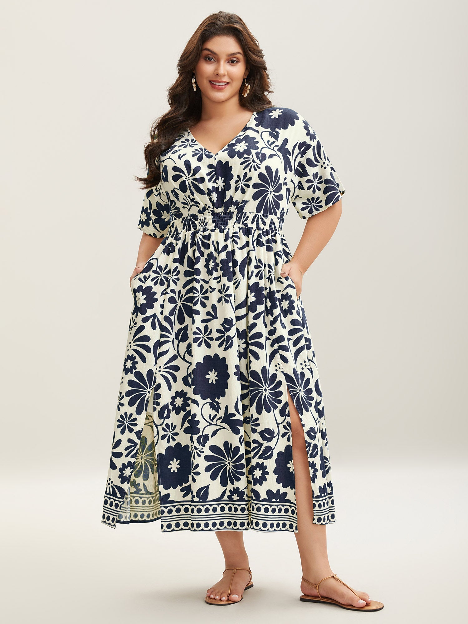 Large Floral Print Pockets Midi Dress