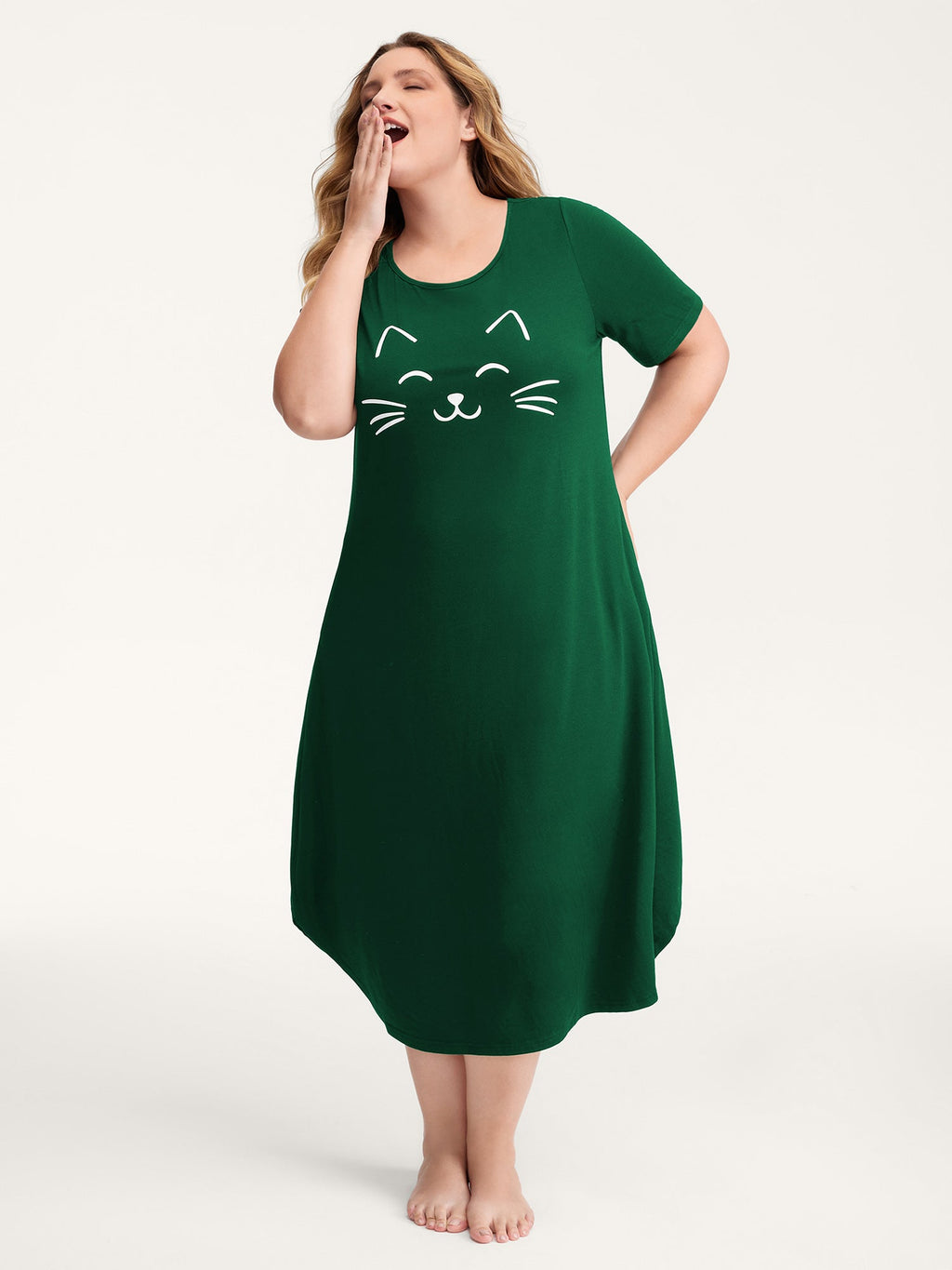 Happy Cat Print Stretchy Contrast Sleep Dress