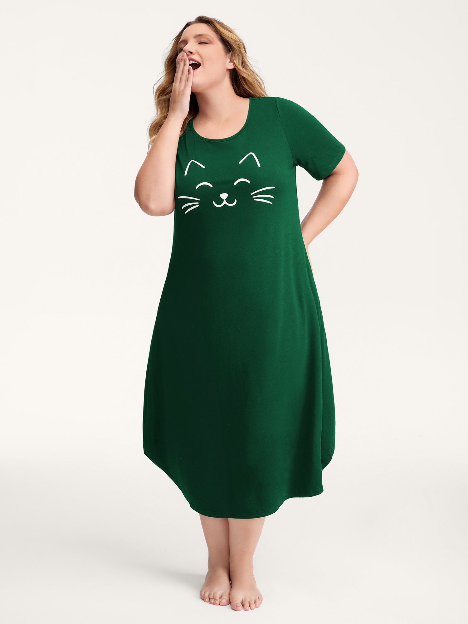 Happy Cat Print Stretchy Contrast Sleep Dress