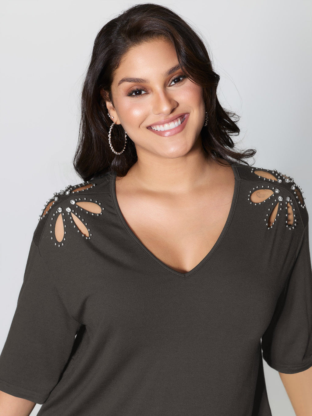 Cut-Out Shoulder Beads T-Shirt