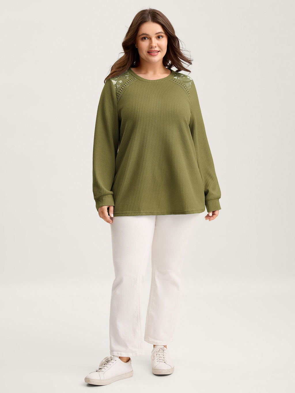 Waffle Spliced Floral Lace Sweatshirt