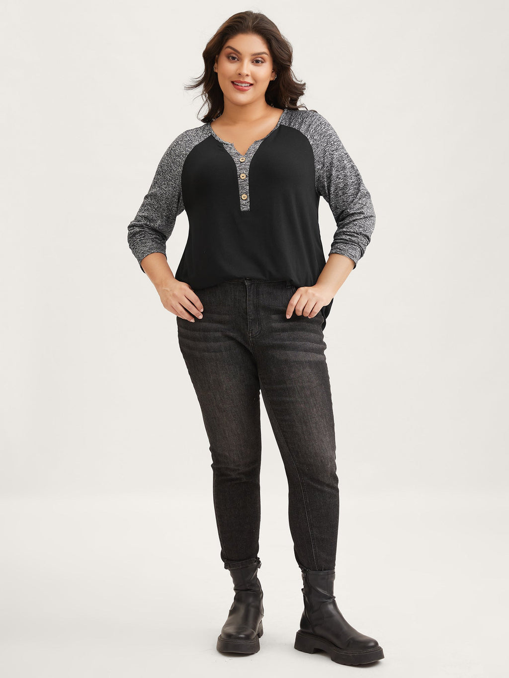 Heather Patchwork Button Detail Stretchy T-Shirt