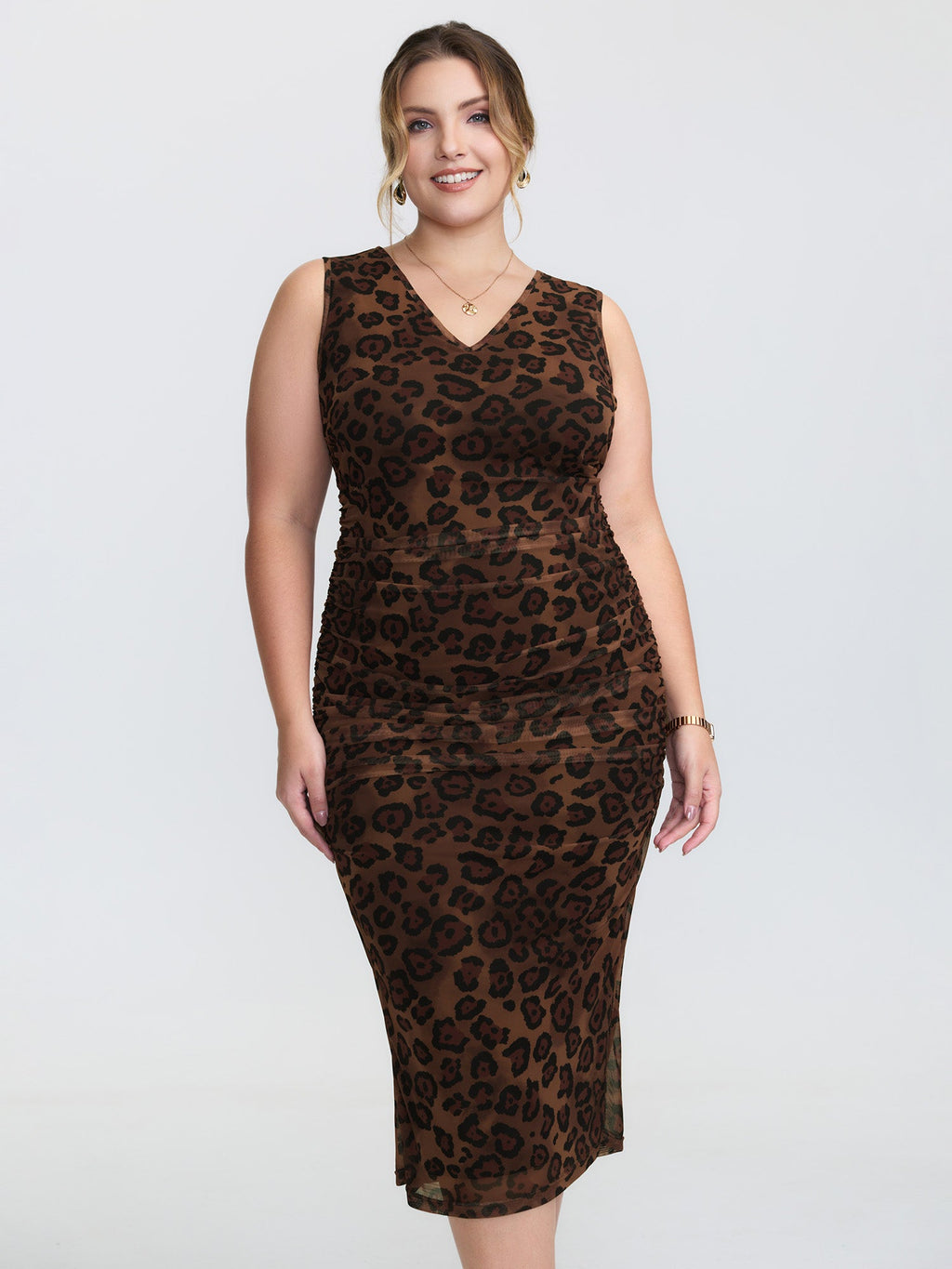 Leopard Print Ruched Sleeveless Dress