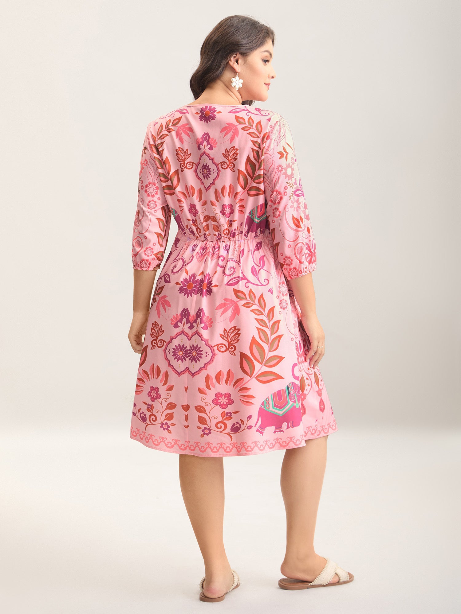 Boho Print V-Neck Pockets Midi Dress