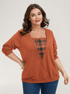 Plaid Spliced Wrap Contrast Sweatshirt