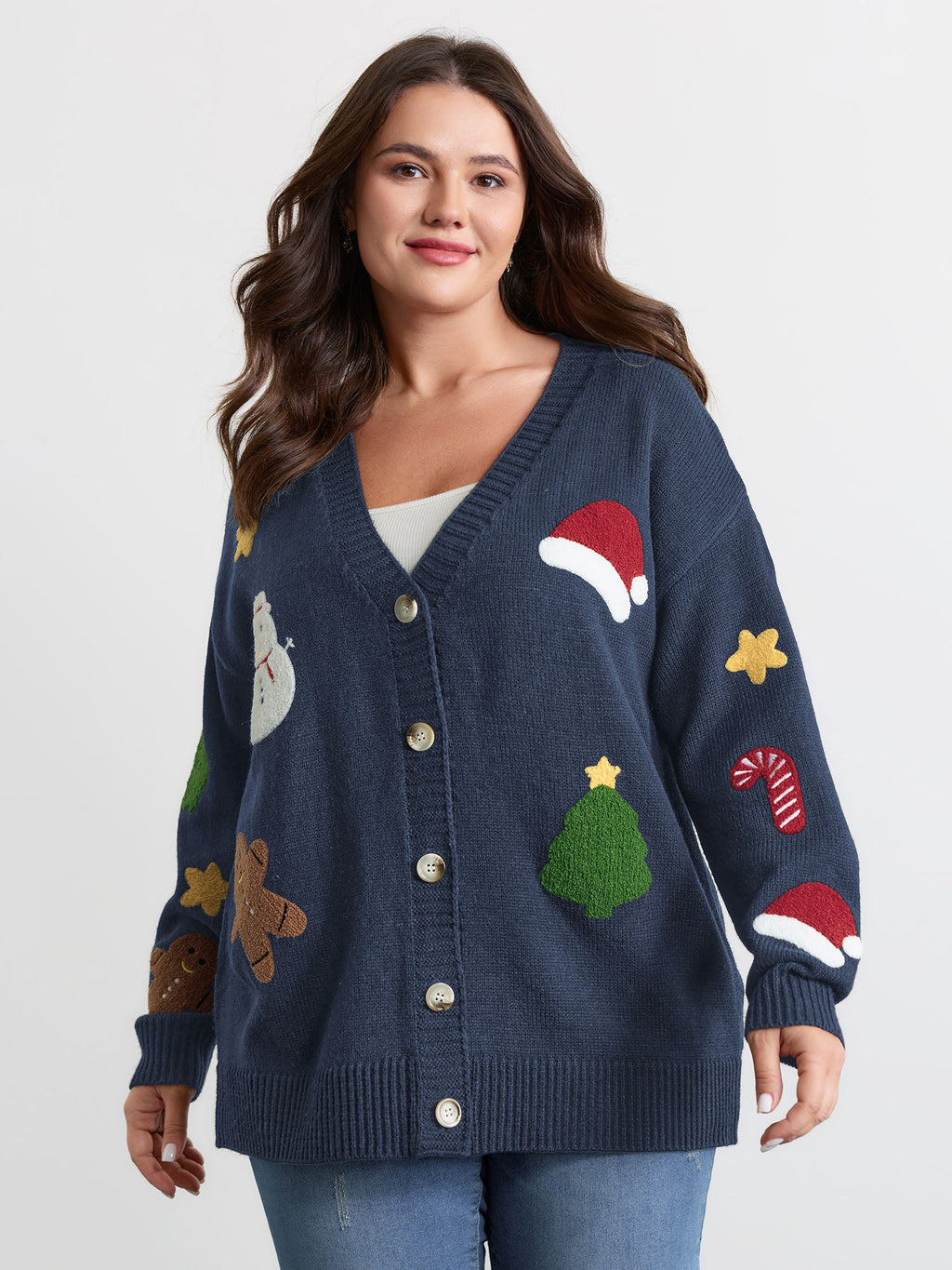 Gingerbread Santa Embroidery Knit Cardigan