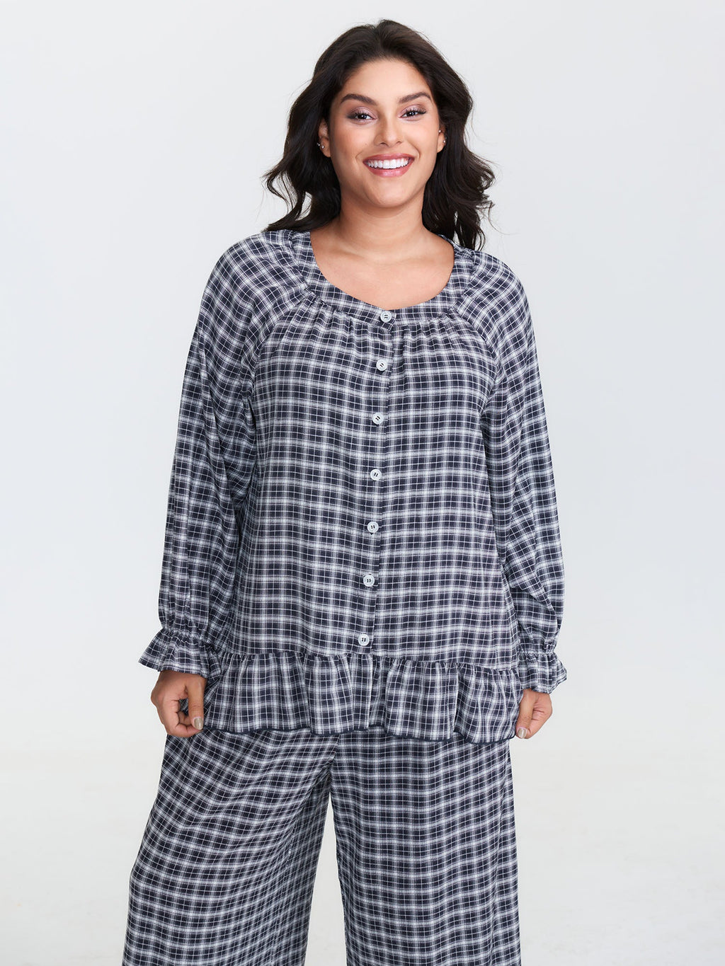 Gingham Ruffled Hem Loungewear Set