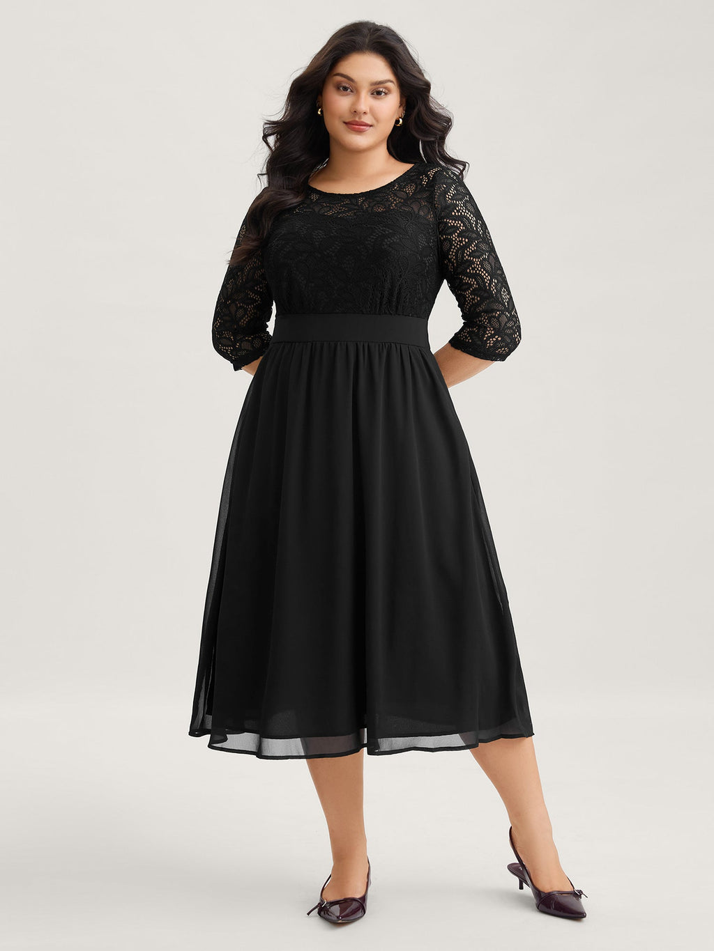 Lace Patchwork Shirred Midi Pocket Dress