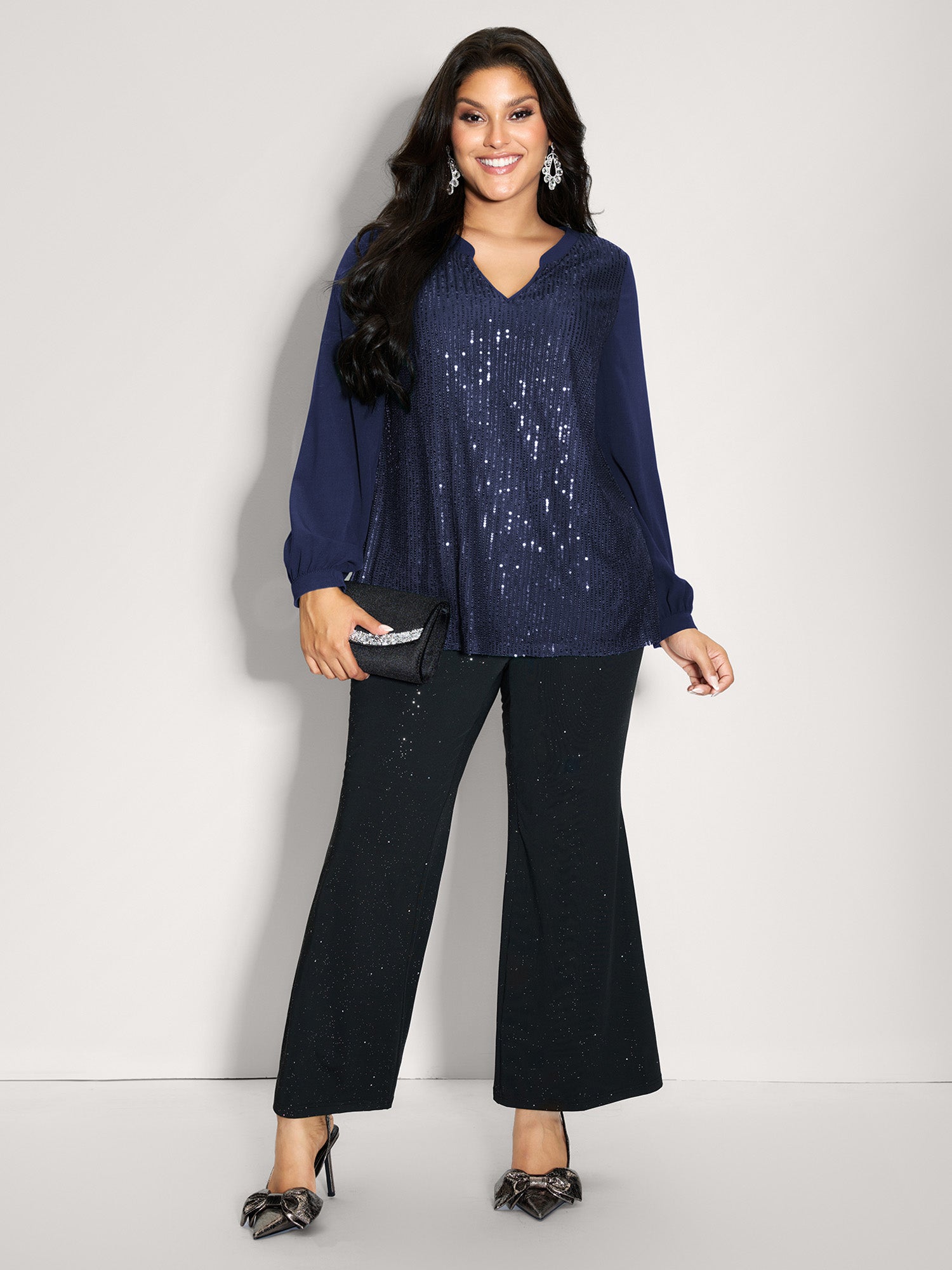 Shimmery Sequin Notched Collar Blouse