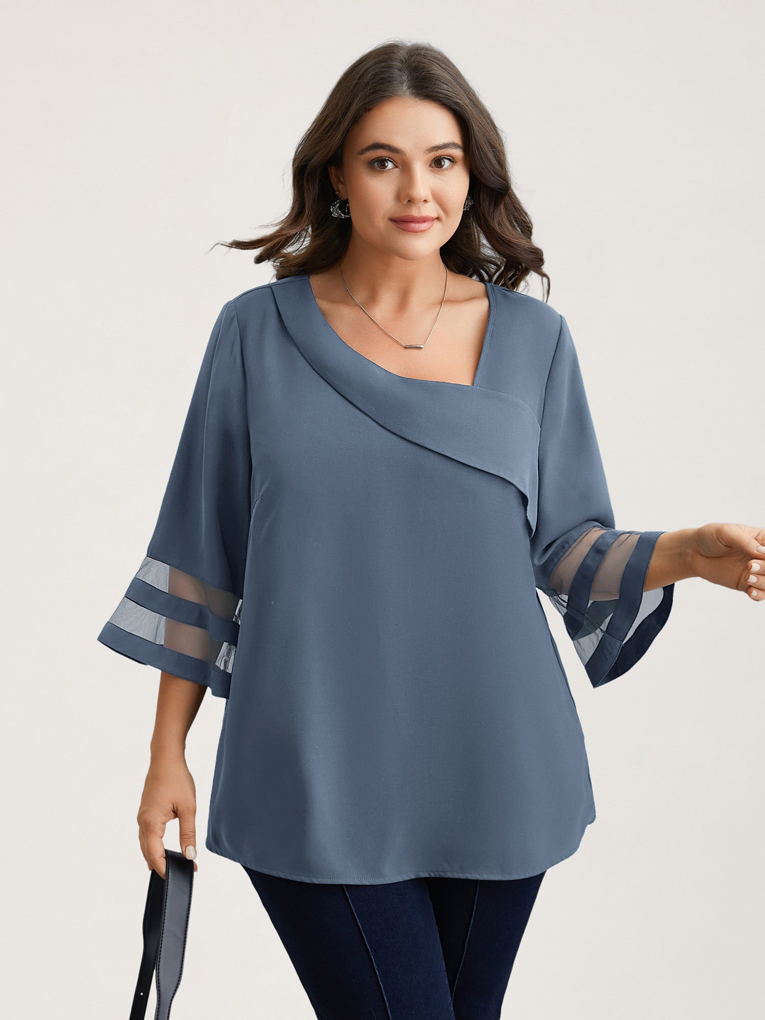 Sheer Sleeve Patchwork Asymmetrical Neckline Blouse