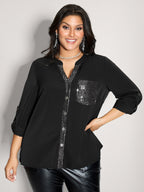 Sequin Pocket Spliced Button Shirt