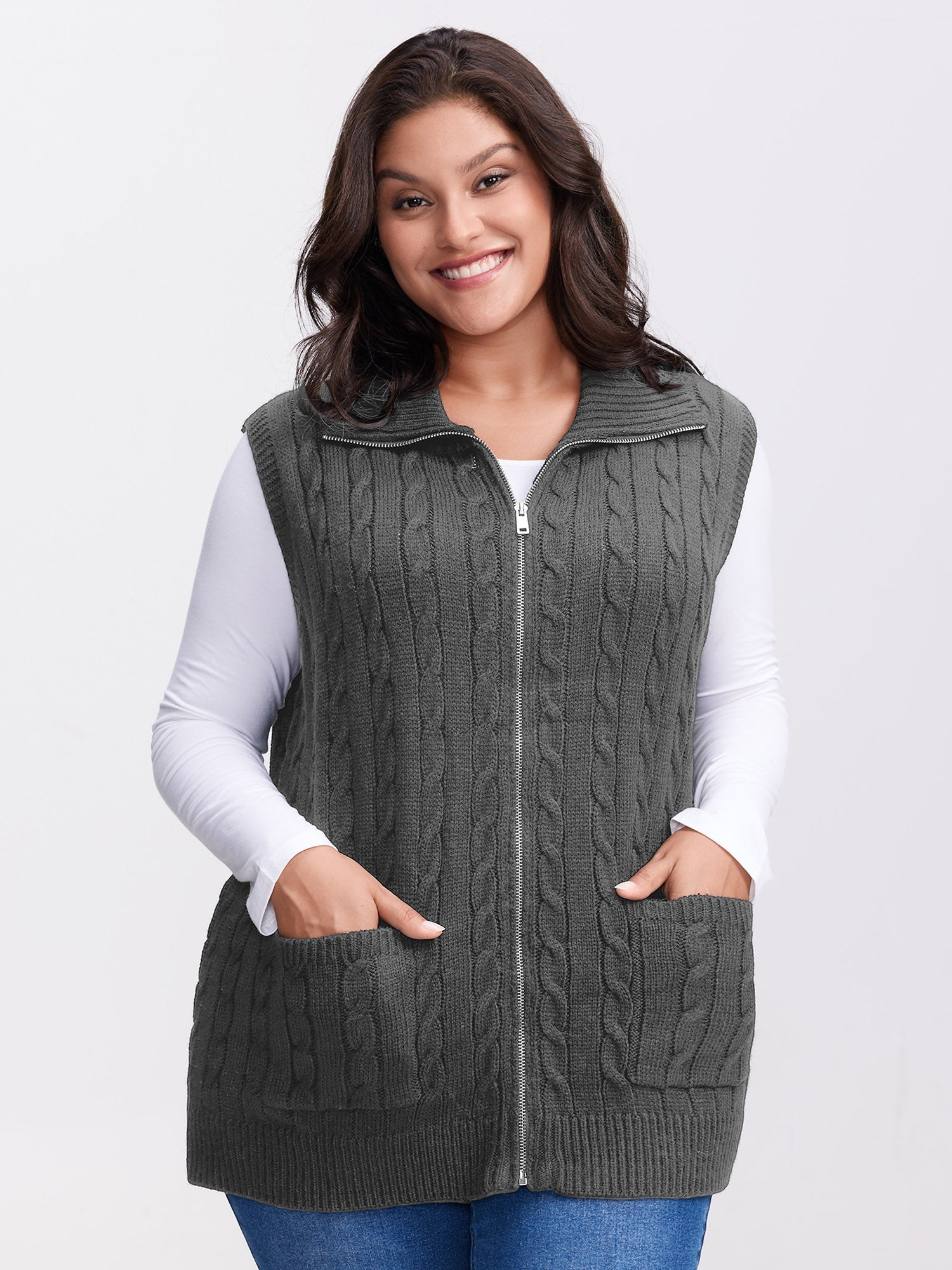 Cable Zipper Sleeveless Knit Cardigan
